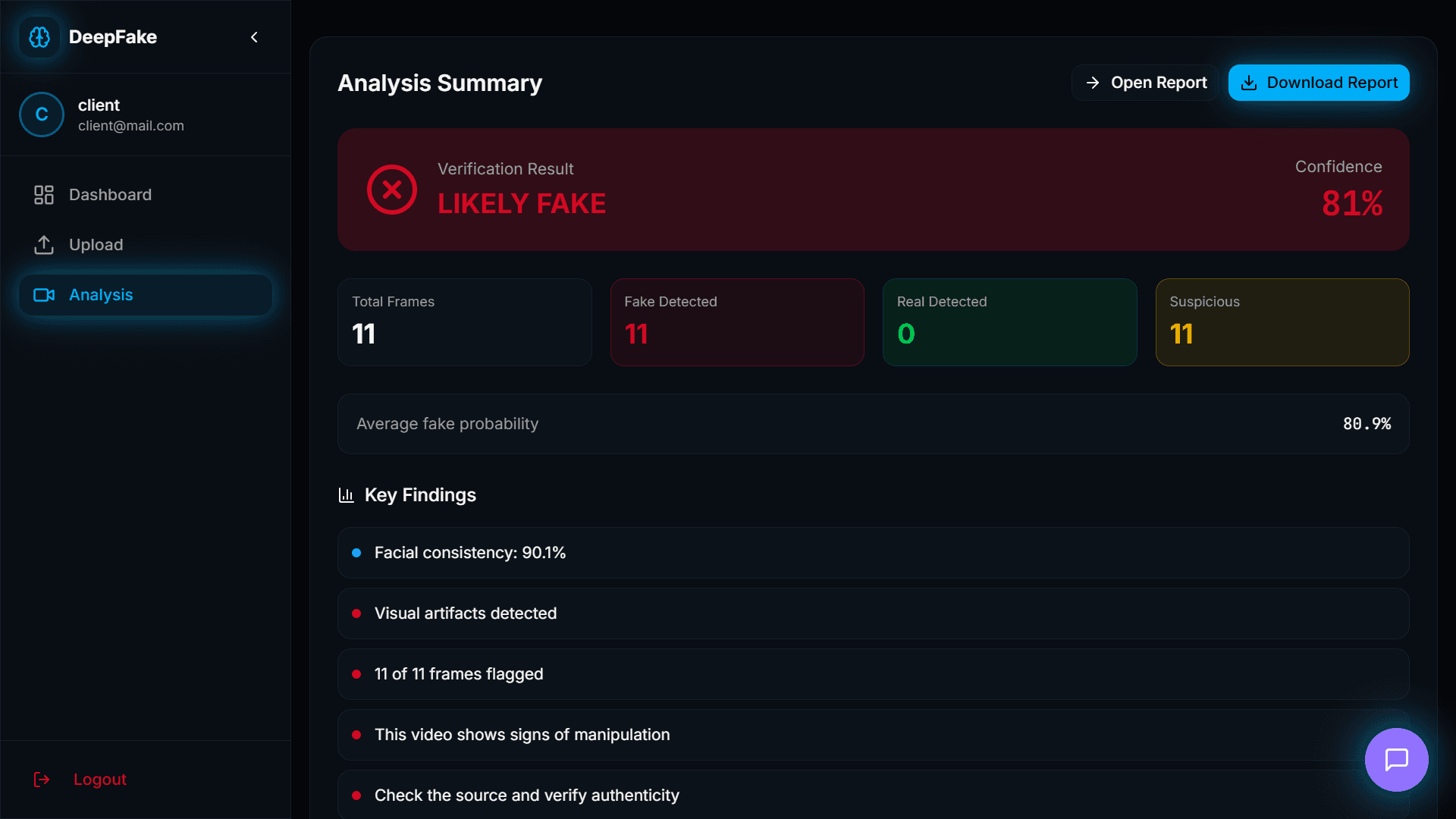 Prediction results showing the classification of the uploaded video along with confidence scores