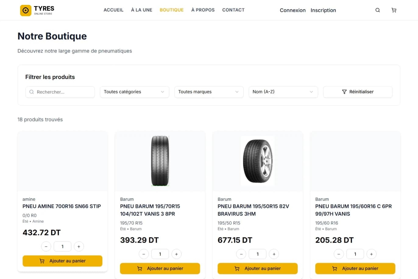 Tyre catalogue with filters and add-to-cart