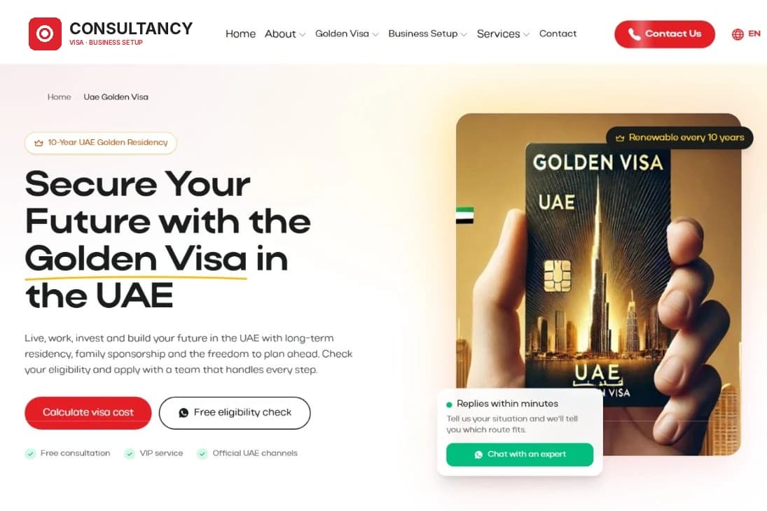 Golden Visa page built from a shared service template